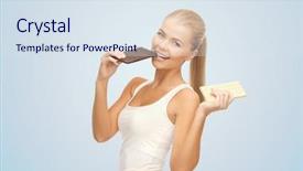 Presentation with dark blue - Colorful slide deck enhanced with happy woman eating dark chocolate backdrop and a  colored foreground