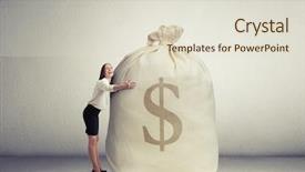  Presentation with bag - Cool new PPT layouts with happy woman embracing big bag with money and smiling in empty grey room backdrop and a lemonade colored foreground