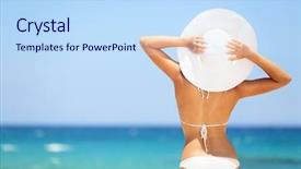  Presentation with water sun - Slide deck with happy woman enjoying beach relaxing background and a sky blue colored foreground