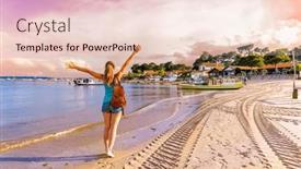  Presentation with sunset beach - Presentation theme with happy-woman-enjoying-beautiful-sunset background and a lemonade colored foreground