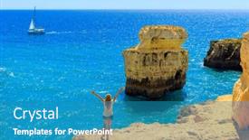  Presentation with holiday destination - Slide set enhanced with happy-woman-enjoying-beautiful-view background and a teal colored foreground