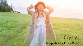  Presentation with green travel - Beautiful PPT layouts featuring happy-woman-enjoying-sunset-stay backdrop and a yellow colored foreground