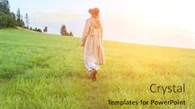  Presentation with green travel - Audience pleasing slide deck consisting of happy-woman-enjoying-sunset-stay backdrop and a yellow colored foreground