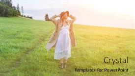 Presentation with green travel - PPT theme enhanced with happy-woman-enjoying-sunset-stay background and a yellow colored foreground