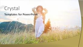  Presentation with green travel - Presentation theme with happy-woman-enjoying-sunset-stay background and a white colored foreground