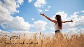  Presentation with summer wheat field blue - Slides with happy-woman-enjoying-the-life background and a coral colored foreground