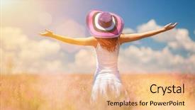  Presentation with happy life - PPT theme consisting of happy woman enjoying the life in the field with flowers nature beauty blue cloudy sky and colorful field with flowers outdoor lifestyle freedom concept woman in summer field background and a lemonade colored foreground