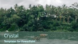 Presentation with infinity - PPT theme having happy woman enjoying warm tropical rain falling on her while swimming in infinity pool with a jungle view in ubud bali background and a ocean colored foreground