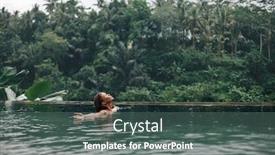 Presentation with infinity - Presentation design featuring happy woman enjoying warm tropical rain falling on her while swimming in infinity pool with a jungle view in ubud bali background and a gray colored foreground