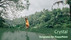  Presentation with infinity - Slide set enhanced with happy woman enjoying warm tropical rain falling on her on infinity pool with a jungle view in ubud bali background and a ocean colored foreground