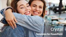  Presentation with two way street sign - Theme enhanced with happy woman friends hugging each background and a ocean colored foreground