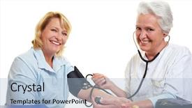  Presentation with blood pressure - Slide deck consisting of happy woman getting blood pressure background and a light blue colored foreground