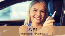  Presentation with car key - Cool new PPT theme with happy woman getting car key backdrop and a coral colored foreground