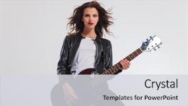  Presentation with electric guitar - Audience pleasing presentation design consisting of happy woman guitarist playing her backdrop and a light gray colored foreground