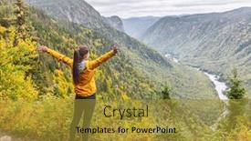  Presentation with joy - Cool new PPT layouts with happy-woman-hiking-up-mountain backdrop and a gold colored foreground
