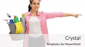  Presentation with cleaning - Beautiful slides featuring happy woman holding a bucket backdrop and a white colored foreground