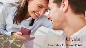  Presentation with engagement - Slides consisting of happy-woman-holding-box background and a coral colored foreground