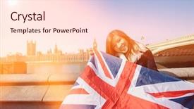  Presentation with british - Slides having happy woman holding british flag background and a lemonade colored foreground