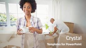  Presentation with happy smiling woman dental health - Colorful PPT layouts enhanced with happy woman holding cup in the living room backdrop and a coral colored foreground