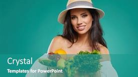  Presentation with grocery bag - Cool new theme with happy woman holding grocery shopping bag with vegetables on colored background backdrop and a teal colored foreground