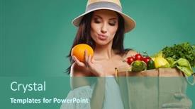  Presentation with grocery bag - Cool new PPT theme with happy woman holding grocery shopping bag with vegetables on colored background backdrop and a ocean colored foreground