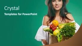  Presentation with grocery bag - Amazing theme having happy woman holding grocery shopping bag with vegetables on colored background backdrop and a ocean colored foreground
