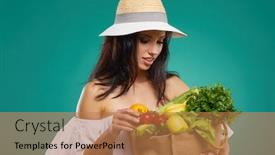  Presentation with grocery bag - Theme with happy woman holding grocery shopping bag with vegetables on colored background background and a coral colored foreground