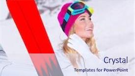  Presentation with luxury lifestyle - Colorful slide deck enhanced with happy woman holding in hands ski and enjoying view on beautiful snowy mountains active lifestyle luxury winter vacation concept backdrop and a sky blue colored foreground