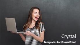  Presentation with cyber stalking computer laptop suffering - Audience pleasing slide deck consisting of happy woman holding laptop computer backdrop and a dark gray colored foreground