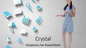  Presentation with mobile application - Presentation theme having happy woman holding mobile phone background and a  colored foreground