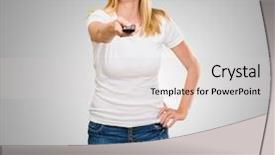  Presentation with access - Amazing PPT theme having happy woman holding remote backdrop and a  colored foreground
