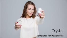  Presentation with normal - PPT theme enhanced with happy woman holding saving background and a light gray colored foreground