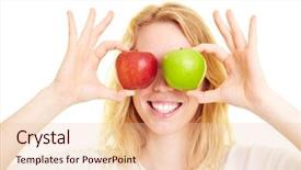  Presentation with two people holding hands - Cool new slides with happy woman holding two apples backdrop and a  colored foreground