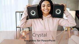  Presentation with speakers - Amazing presentation theme having happy-woman-holds-two-audio backdrop and a coral colored foreground