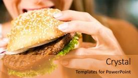  Presentation with packed restaurant food - Colorful PPT layouts enhanced with happy woman in a restaurant backdrop and a gold colored foreground