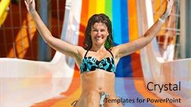  Presentation with water woman swimming underwater - Amazing PPT theme having happy woman in bikini sliding water park backdrop and a coral colored foreground