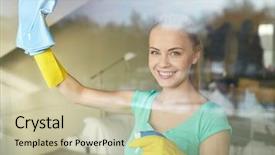  Presentation with housekeeping - Theme consisting of happy woman in gloves cleaning background and a mint green colored foreground