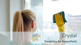  Presentation with housekeeping - Colorful PPT layouts enhanced with happy woman in gloves cleaning backdrop and a sky blue colored foreground