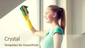  Presentation with housekeeping - Colorful PPT theme enhanced with happy woman in gloves cleaning backdrop and a  colored foreground