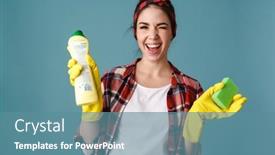  Presentation with product - Audience pleasing theme consisting of happy-woman-in-gloves-winking backdrop and a teal colored foreground