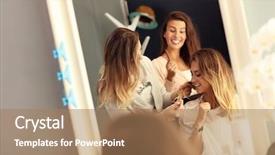  Presentation with hair salon scissors in black - Slide set featuring happy woman in hair salon background and a coral colored foreground