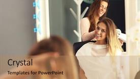  Presentation with real woman hair texture human - PPT theme having happy woman in hair background and a coral colored foreground