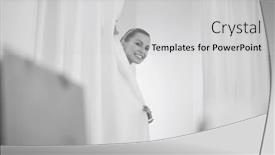  Presentation with curtains - Slide set enhanced with happy woman in hiding behind curtains in store background and a light gray colored foreground