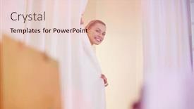  Presentation with curtains - Cool new theme with happy woman in hiding behind curtains in store backdrop and a lemonade colored foreground