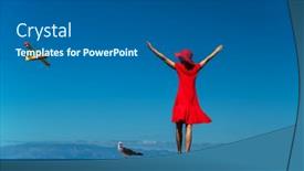  Presentation with woman hands open - Presentation having happy-woman-in-red-standing background and a ocean colored foreground