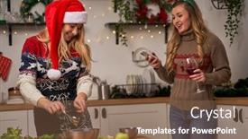  Presentation with christmas food - Colorful slide deck enhanced with happy-woman-in-santa-hat backdrop and a tawny brown colored foreground