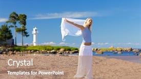  Presentation with seashore - Amazing PPT layouts having happy woman in striped vest on the seashore backdrop and a coral colored foreground