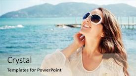  Presentation with summer - Presentation design having happy woman in summer white dress on beach caucasian girl relaxing and enjoying peace on vacation background and a lemonade colored foreground