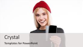  Presentation with power bank - Presentation design with happy woman in sweater and hat which showing power bank and smartphone isolated white background background and a light gray colored foreground