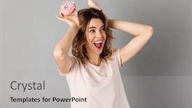 Presentation with donuts - Amazing slides having happy woman in t-shirt having fun while holding donuts on head like ears and looking away over grey background backdrop and a soft green colored foreground